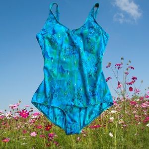 Vtg 90s Jantzen Watercolor Green Floral Swim Suit